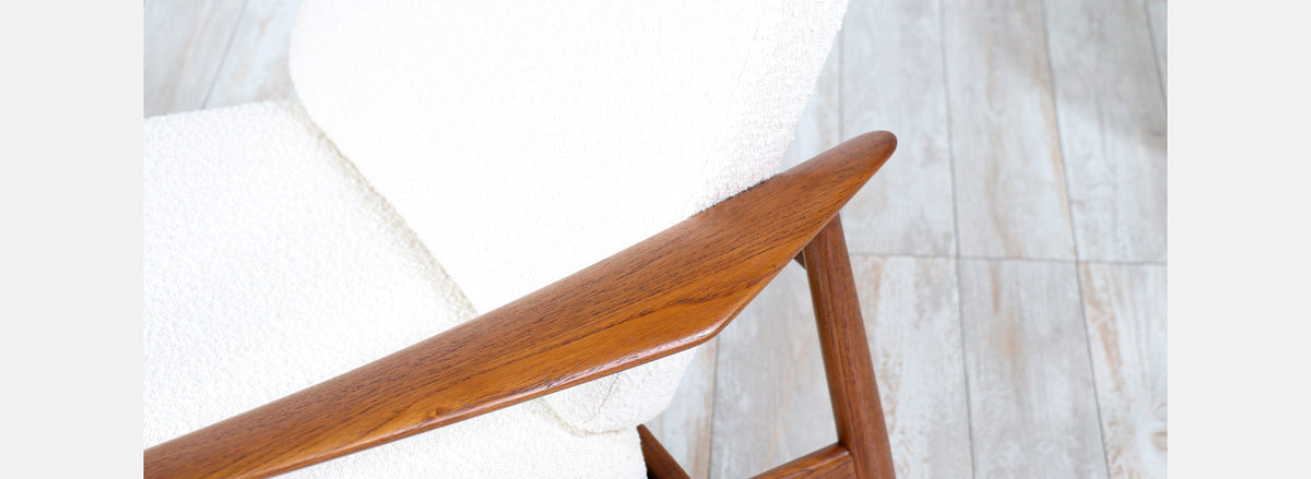 Arne Vodder Sculpted Teak & Boucle Reclining Lounge Chair for France & Son