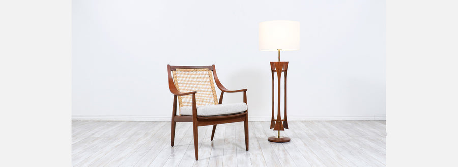 Mid-Century Modern Walnut Sculpted Floor Lamp with Brass Accents
