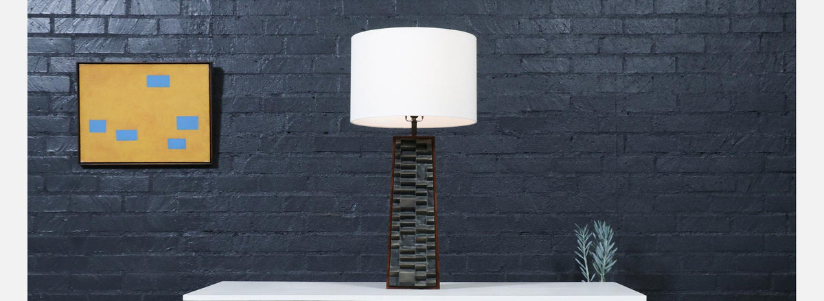 Laurel Brutalist Table Lamp w/ Geometric Metal Relief