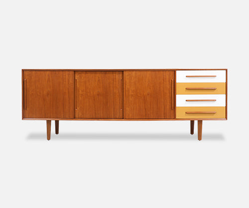Danish Modern Teak Credenza with Multi-Color Lacquered Drawers