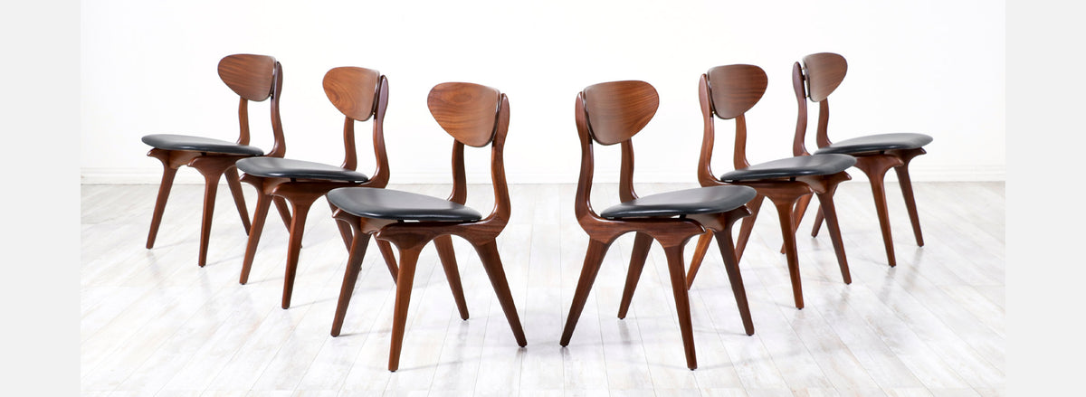 Louis van Teeffelen Sculpted Teak & Leather Dining Chairs for Webe