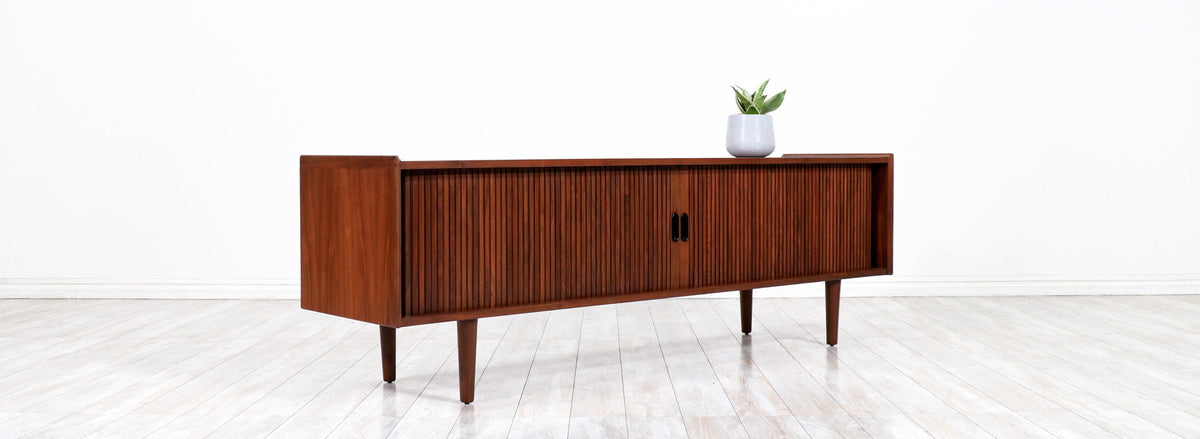 Vintage Merton L. Gershun Tambour-Door Walnut Credenza for Dillingham