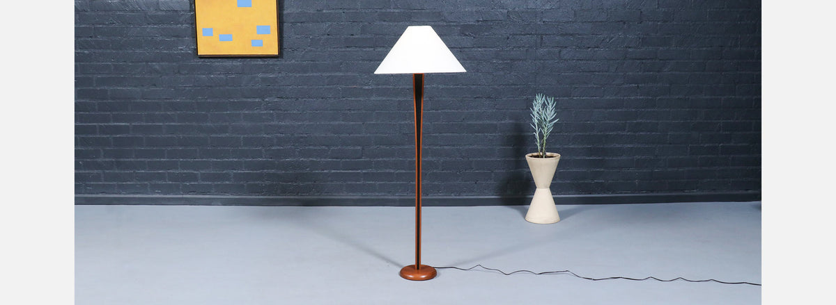 Danish Modern Sculpted Teak Floor Lamp w/ Linen Cone Shade