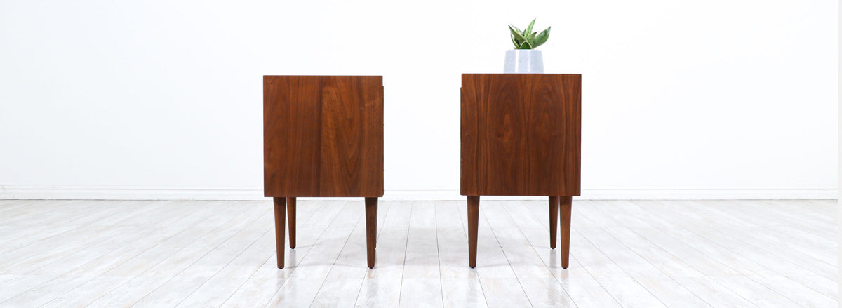 Mid-Century Modern Walnut Night Stands with Lacquered Accent Drawers