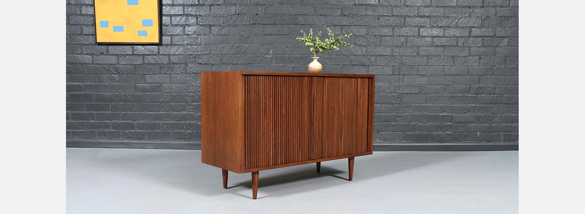 Vintage Barzilay California Modern Tambour-Door Walnut Credenza by Barzilay