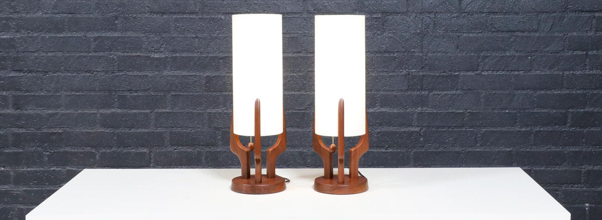 David Shreve Walnut Sculpted Table Lamps for V.H. Woolums