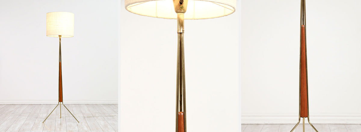 Swedish Modern Sculpted Tripod Floor Lamp with Brass Accents 