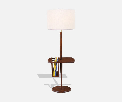 Mid-Century Modern Sculpted Walnut Floor Lamp with Magazine Tray by Laurel