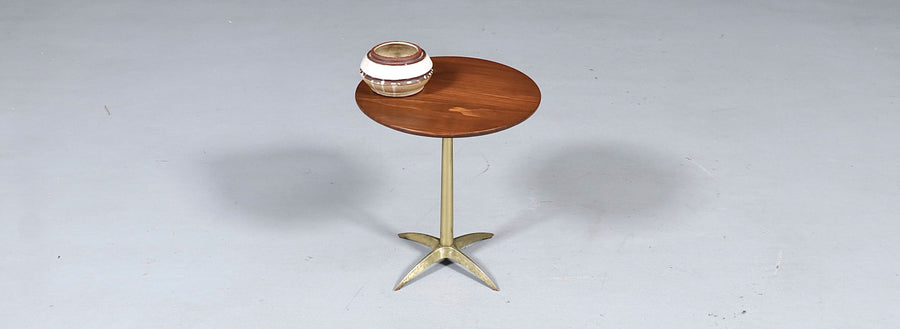 Mid-Century Modern Walnut & Brass Starburst Pedestal Side Table