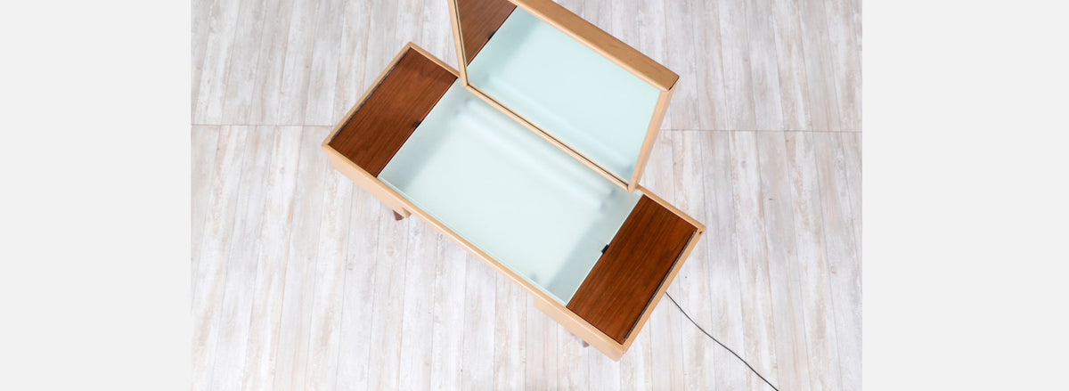 George Nelson Leather & Walnut Illuminated Vanity with Mirror & Ottoman for Herman Miller
