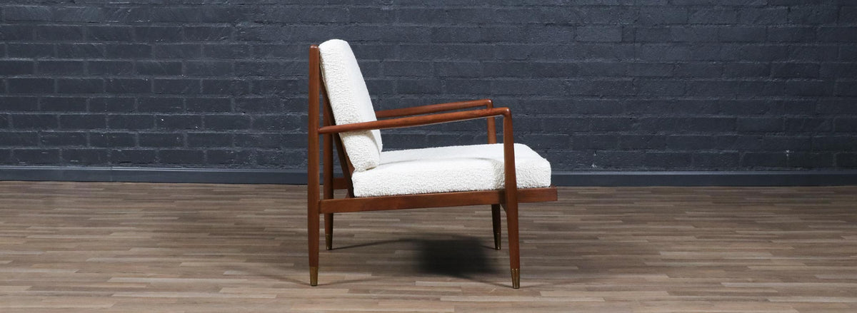 Mid-Century Modern Sculpted Walnut Lounge Chair w/ Brass Sabots