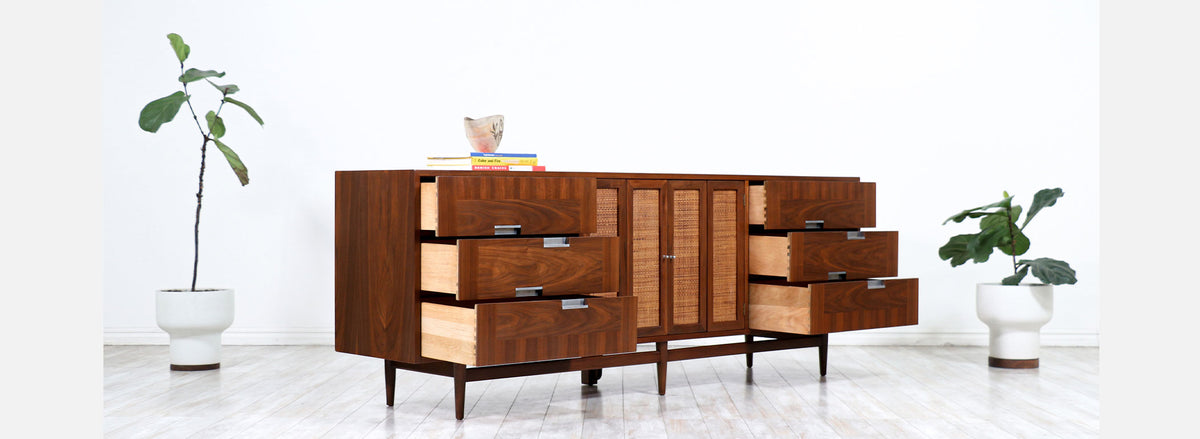 Merton Gershun Walnut & Cane Dresser with Bi-Folding Doors for American of Martinsville