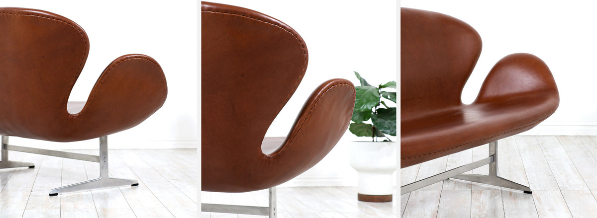 Vintage Cognac Leather Swan Sofa by Arne Jacobsen for Fritz Hansen 