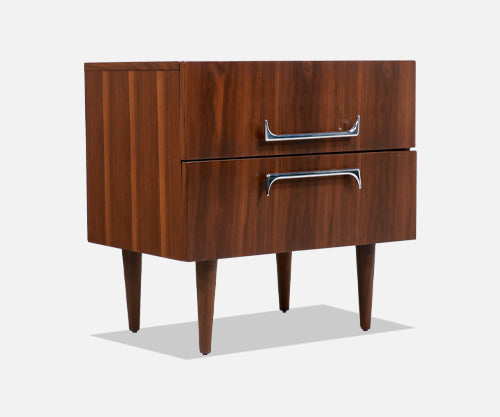 Mid-Century Modern Walnut Night Stand with Sculpted Chrome Pulls