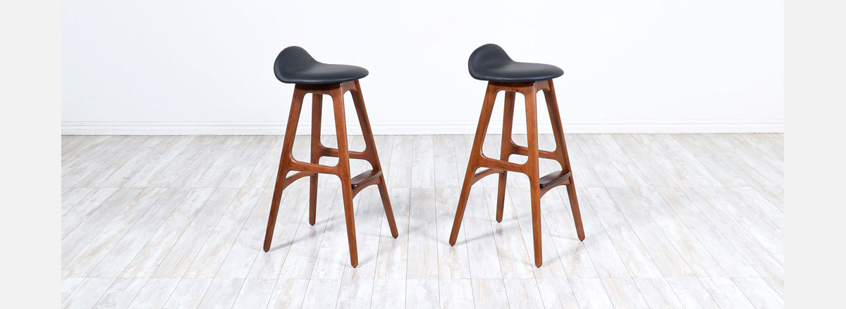 Danish Modern Sculpted Teak & Leather Bar Stools by Erik Buch 