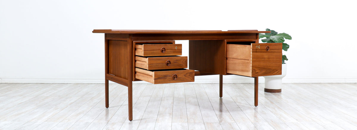 Danish Modern Executive Teak Desk with Raised Edges