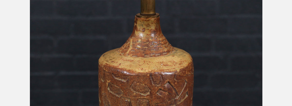 Mid-Century Earthy Glazed Table Lamps w/ Abstract Relief Design