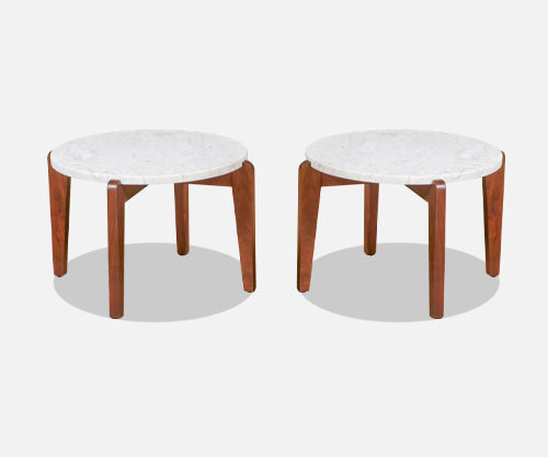 Mid-Century Italian Modern Travertine & Sculpted Walnut Side Tables