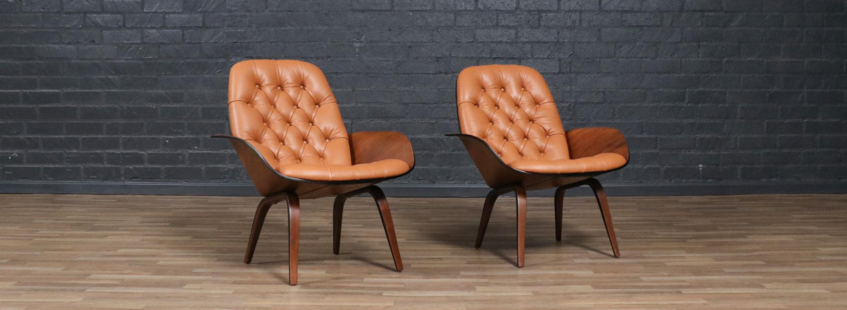 George Mulhauser Tufted Leather & Walnut Lounge Chairs for Plycraft