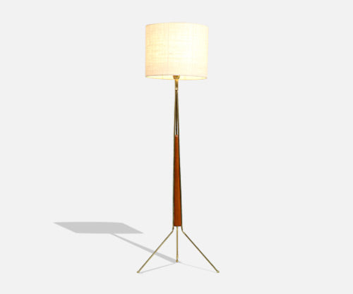 Swedish Modern Sculpted Tripod Floor Lamp with Brass Accents 