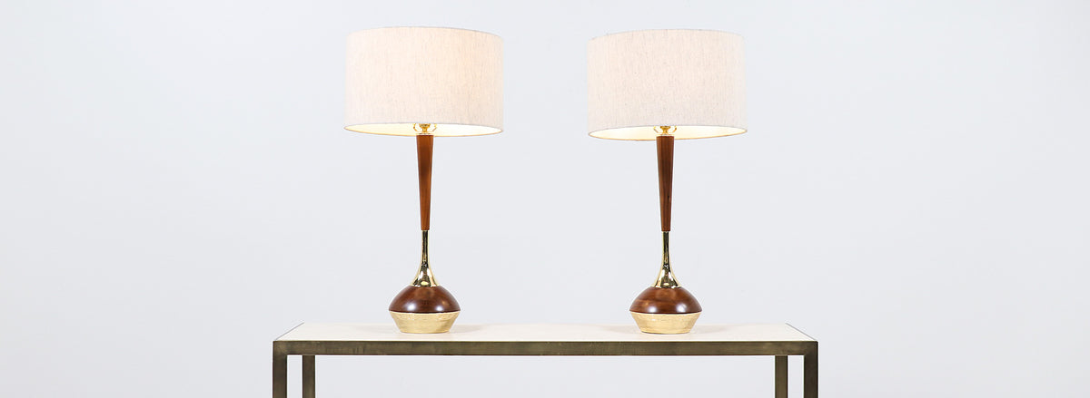 Mid-Century Modern Walnut & Brass Accent Table Lamps by Laurel 
