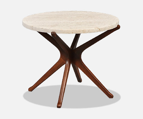 Italian Mid Century Sculpted Wood & Travertine Side Table