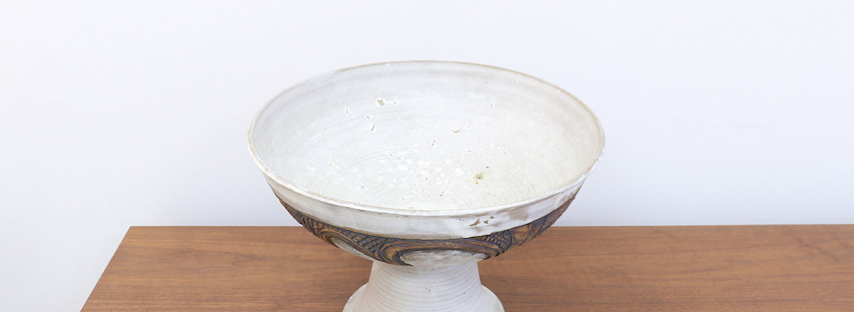 Mid-Century Modern Signed Large Ceramic Footed Bowl Vase