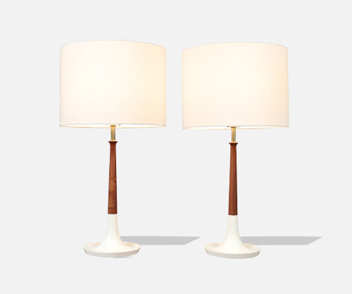 Mid-Century Modern Walnut Table Lamps w/ Sculptural Metal Bases