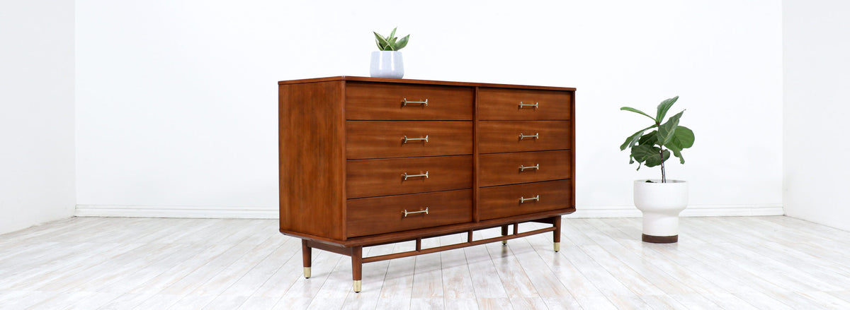 Milo Baughman Walnut Dresser with Brass Handles for Drexel 
