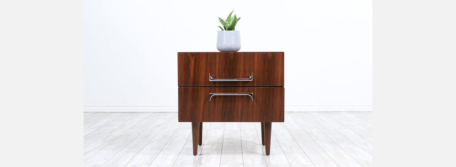 Mid-Century Modern Walnut Night Stand with Sculpted Chrome Pulls