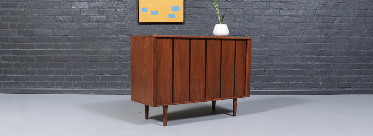 California Modernist Walnut Tambour-Door Credenza by Barzilay
