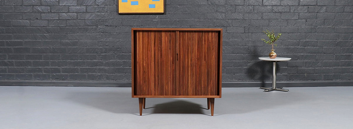 Milo Baughman Walnut Tambour Cabinet for Glenn of California