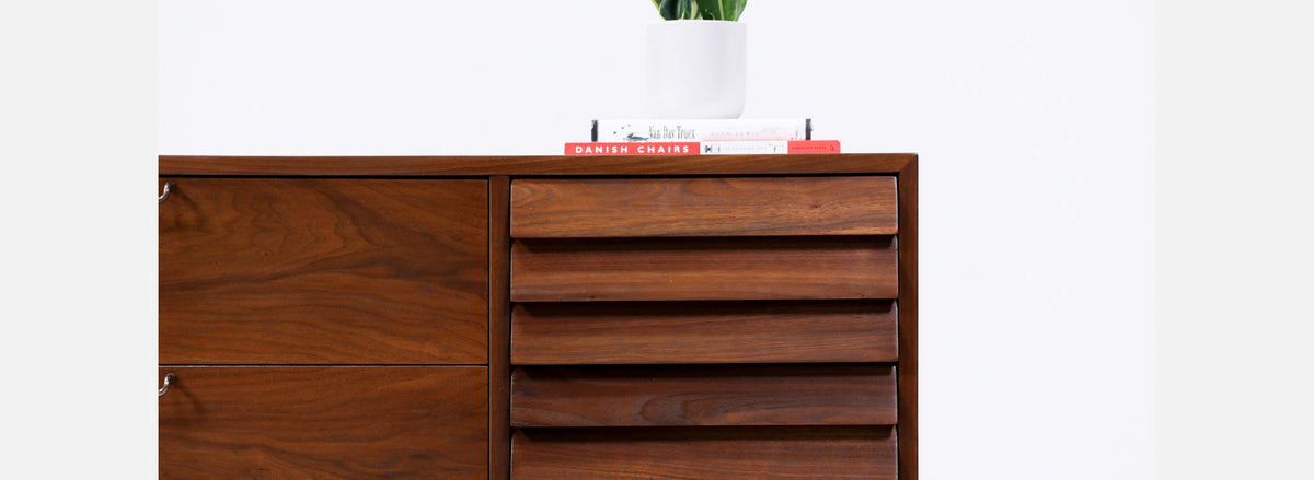 Merton L. Gershun Walnut Dresser with Brass Accents for American of Martinsville