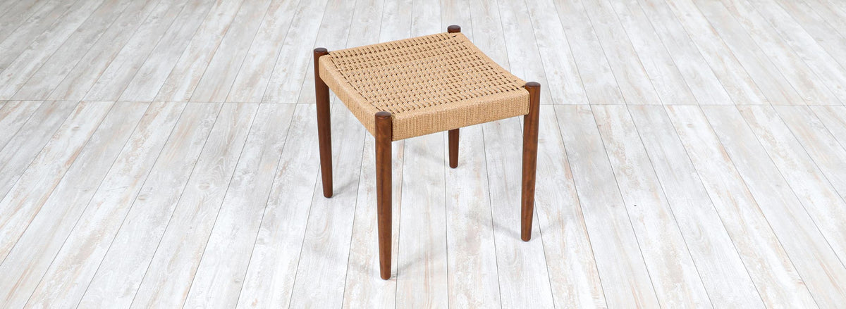 Danish Modern African Teak & Rush Chord Stool or Ottoman