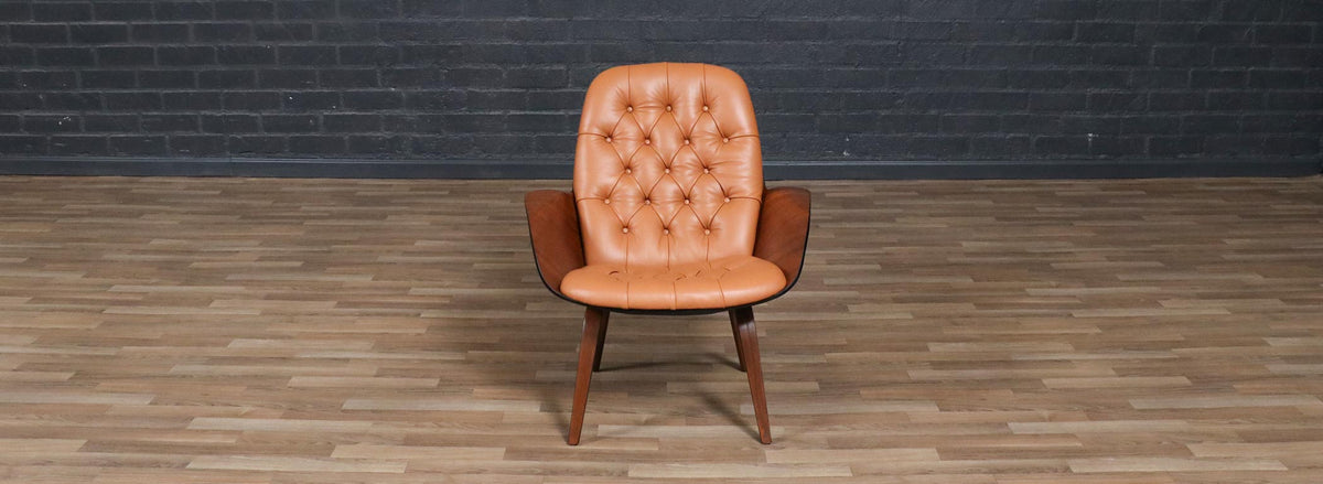 George Mulhauser Tufted Leather & Walnut Lounge Chairs for Plycraft