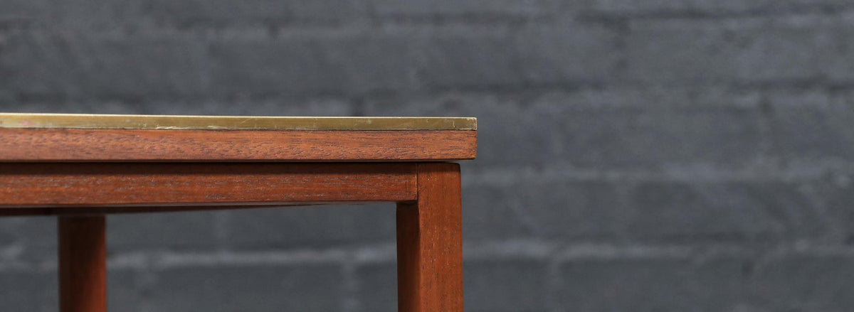 Paul McCobb Leather Top Side Tables w/ Cane Shelves for Calvin Furniture