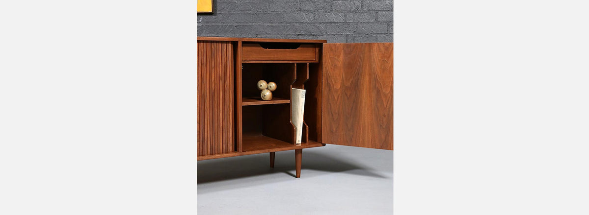 California Modernist Walnut Tambour-Door Credenza by Milo Baughman