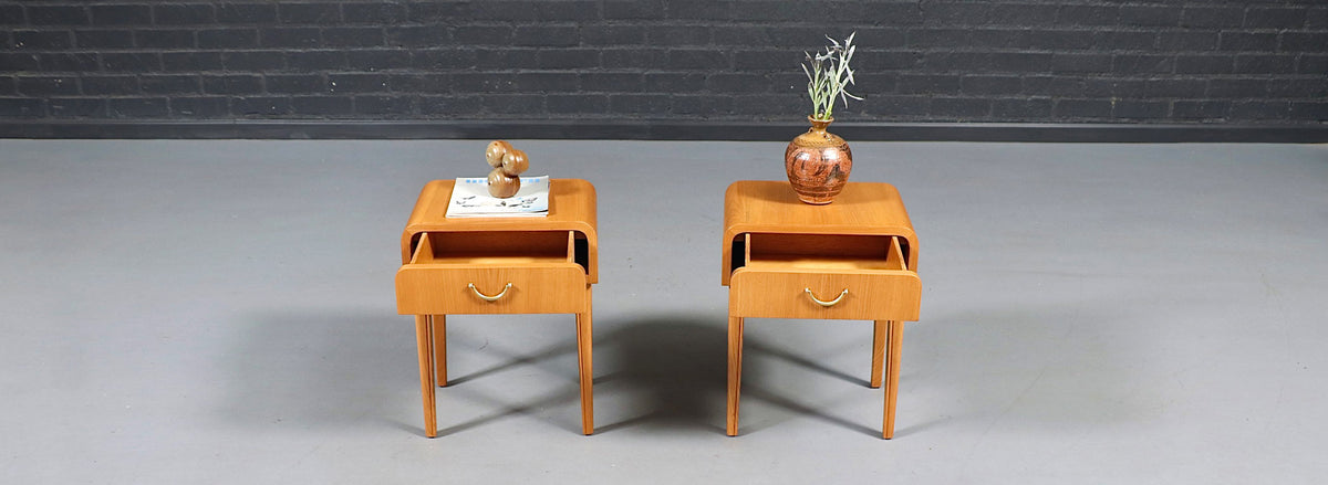 Swedish Scandinavian Modern Oak Night Stands w/ Brass Accent Handle
