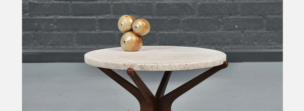 Italian Mid Century Sculpted Wood & Travertine Side Table