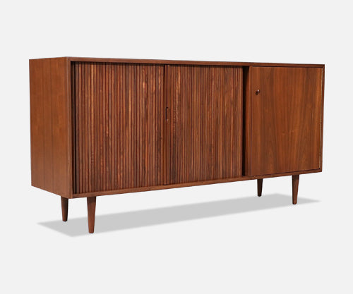 California Modernist Walnut Tambour-Door Credenza by Milo Baughman