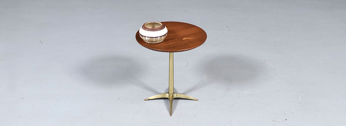 Mid-Century Modern Walnut & Brass Starburst Pedestal Side Table