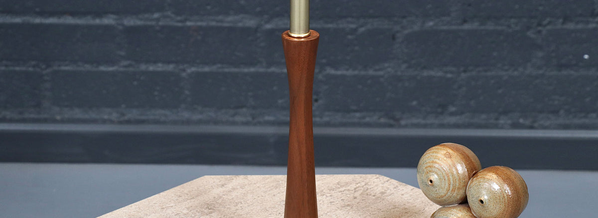 Mid Century Sculpted Walnut Floor Lamp w/ Travertine Side Table