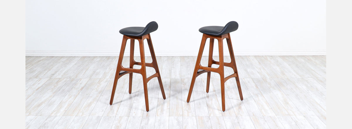 Danish Modern Sculpted Teak & Leather Bar Stools by Erik Buch 