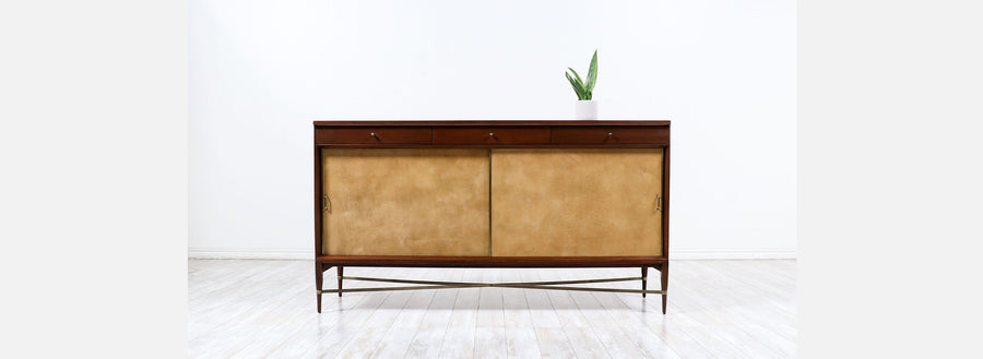 Paul McCobb "Irwin Collection" Credenza with Leather Doors & Brass Accents for Calvin Furniture