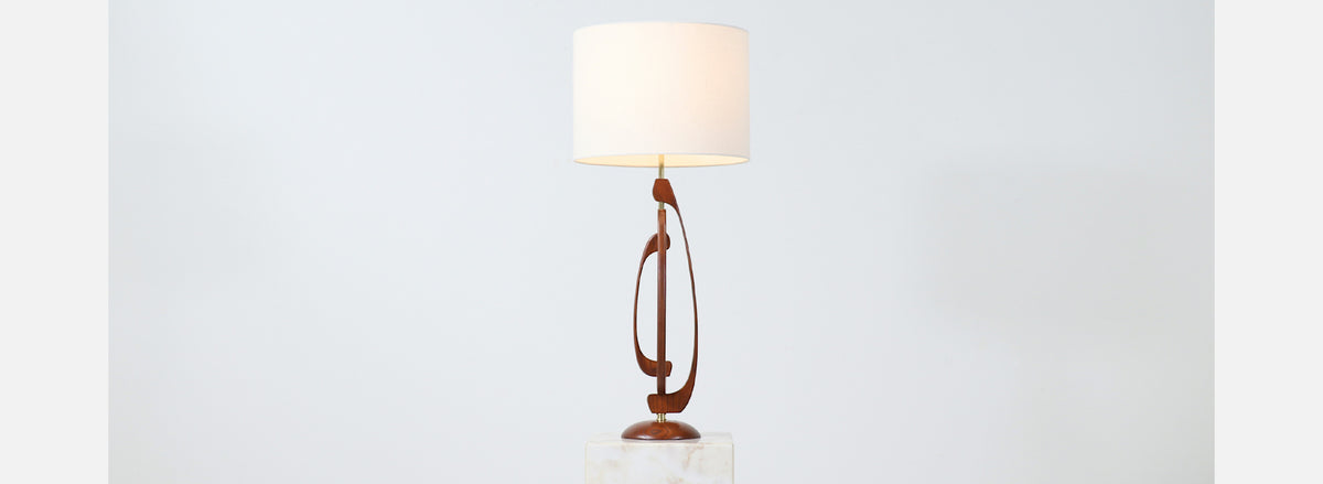 Mid-Century Sculpted Walnut Table Lamp with Brass Accent