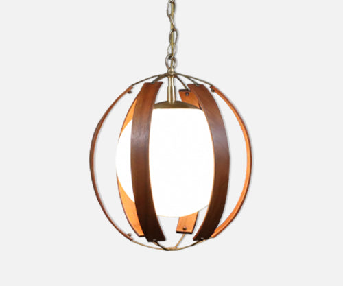 Mid-Century Modern Walnut & Brass Orb Pendant Chandelier 