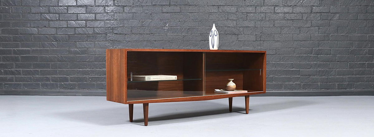 Mid Century Modern Low Walnut & Glass Bookcase Credenza