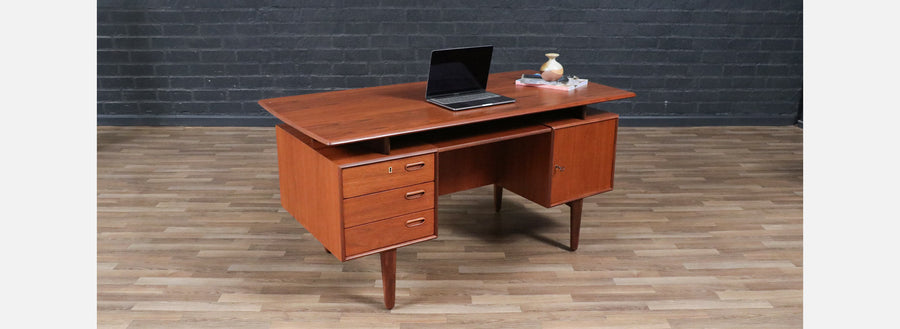 Danish Modern Floating Top Teak Desk w/ Bookcase