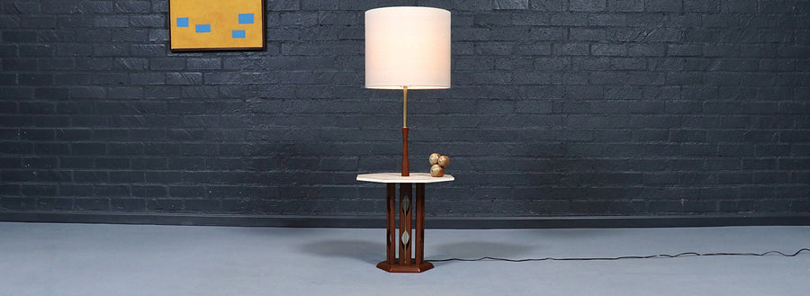 Mid Century Sculpted Walnut Floor Lamp w/ Travertine Side Table