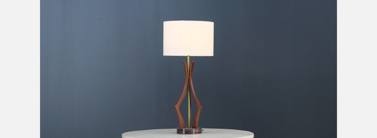 Mid-Century Sculpted Walnut with Brass Accent Table Lamp
